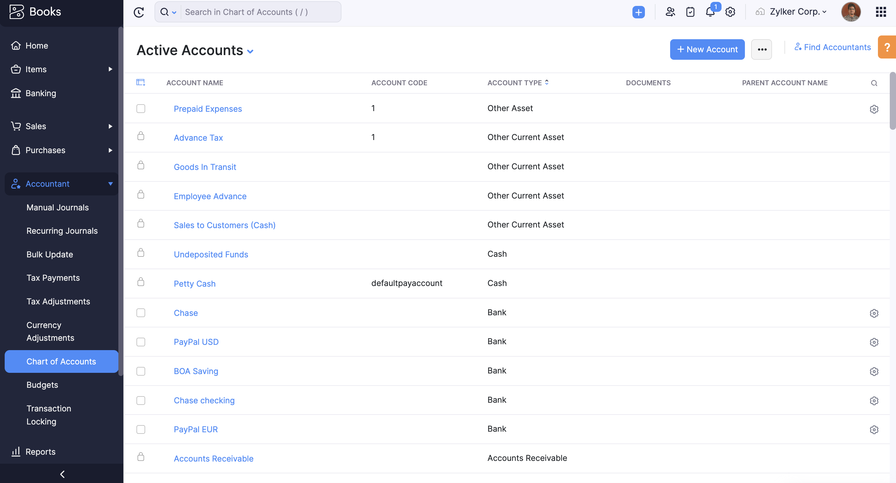 zoho books chart of accounts