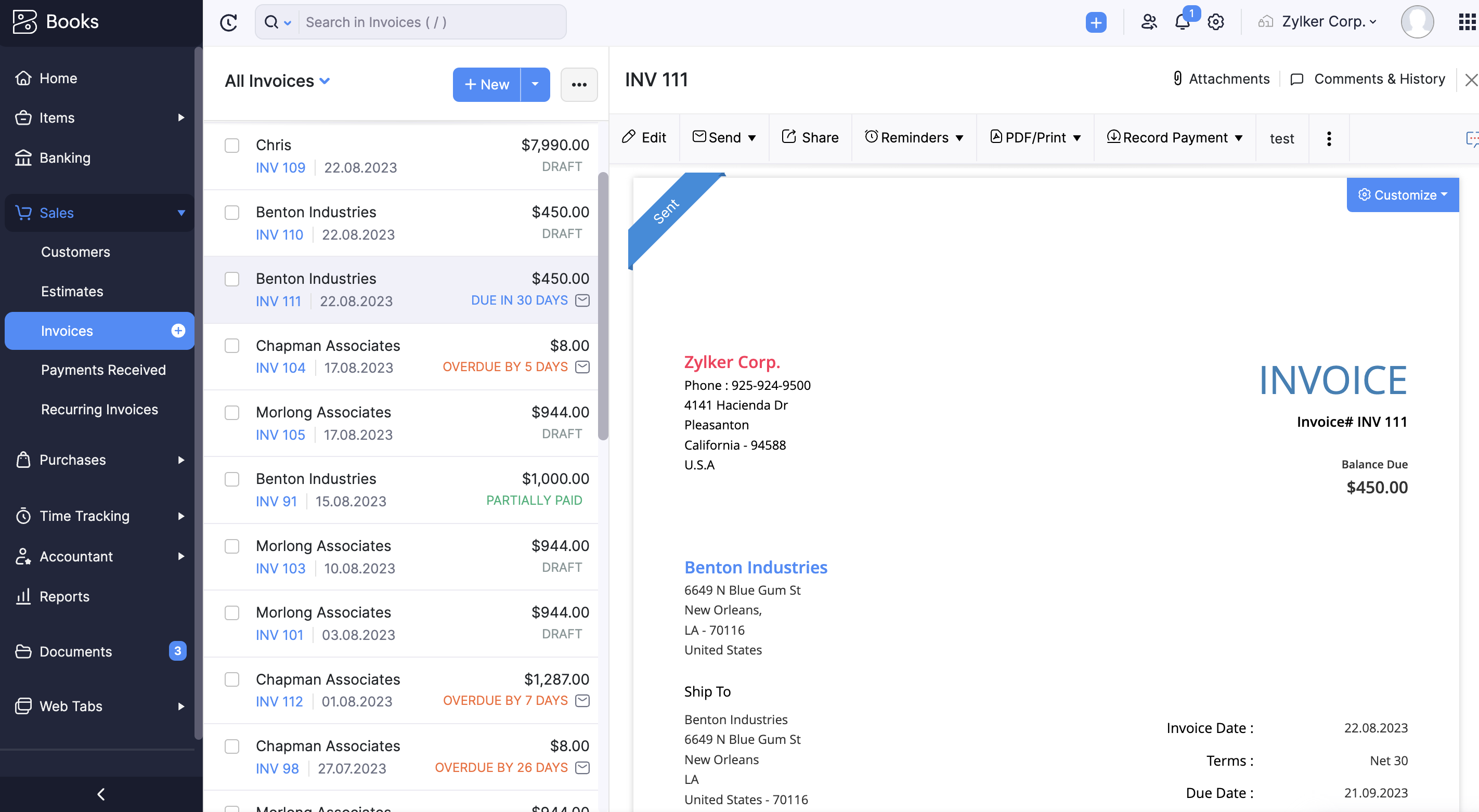 zoho books invoice detail view